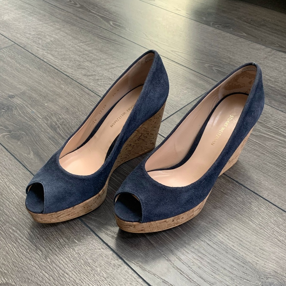 Stuart Weitzman blue suede wedge heels with peep toe, size 7.5 womens